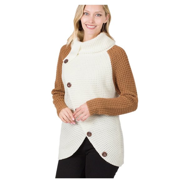 Turtleneck Sweater Wrap Style Asymmetrical Hem - Picture 3 of 5